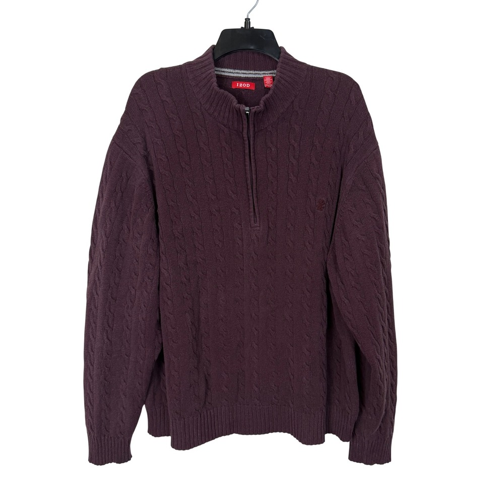 IZOD Men 100% Cotton Sweater XXL Burgundy Cable Knit Quarter Zip Pullover